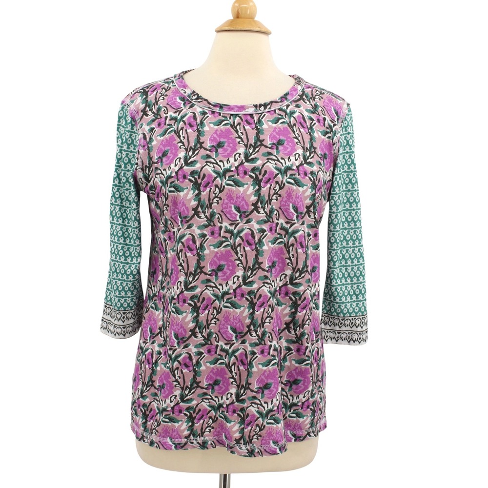 Cino Top Womens Medium Floral Geometric jersey knit 3/4 Sleeve Boho Colorful